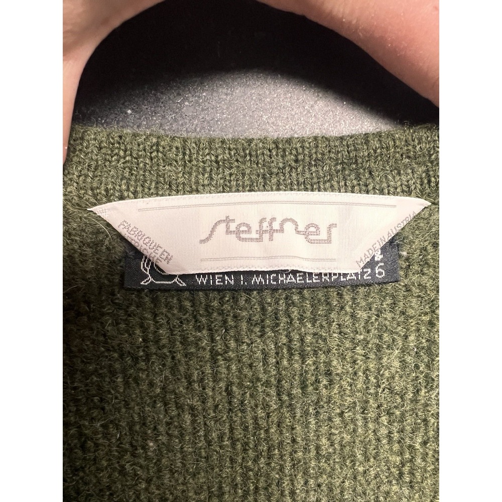 Steffner Austrian‎ Wool Sweater Green V-Neck Suede Elbow Patches M - Picture 11 of 15